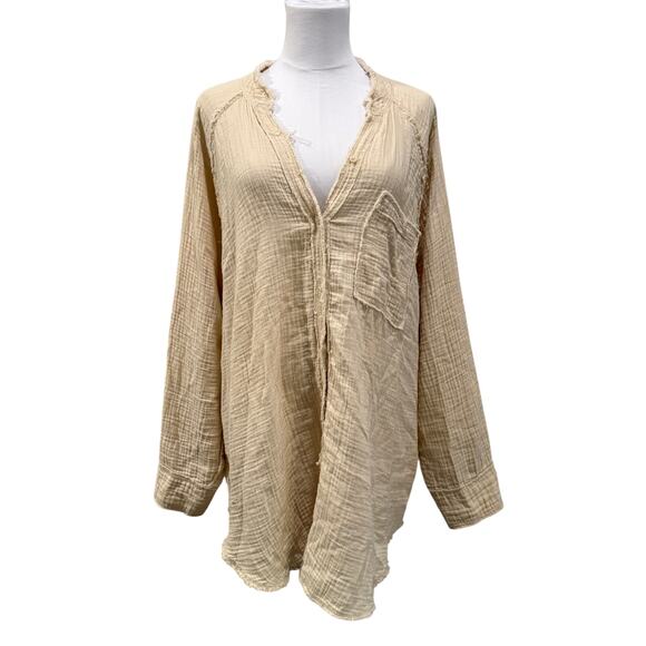 Aerie Gauzy Coverup Shirt Soft Oat Cream Large Lagenlook Beach Resort Vacation - Picture 2 of 10